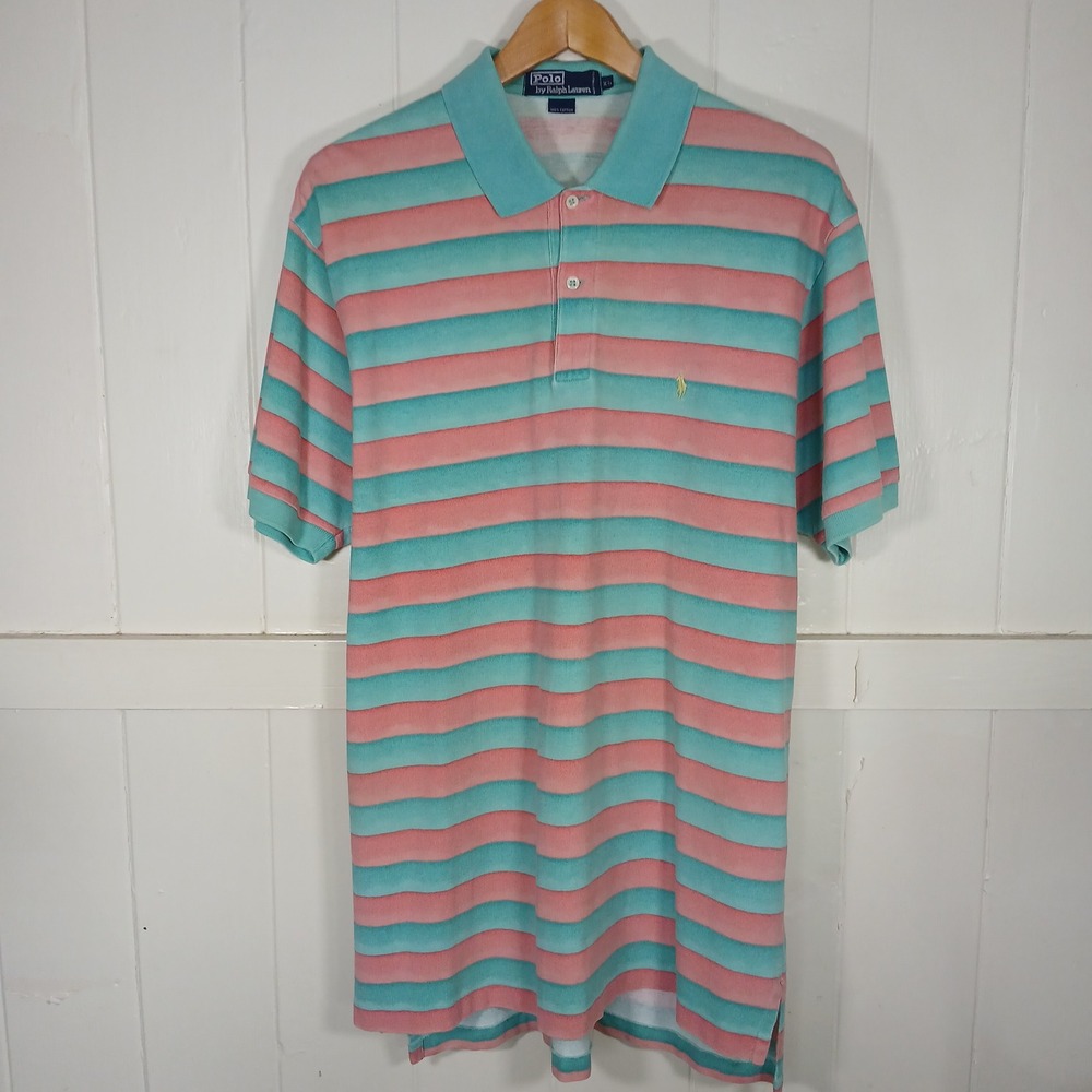 Polo Ralph Lauren Polo Shirt Mens XL Teal Pink Striped Pique Short Sleeve Pony - Picture 2 of 8